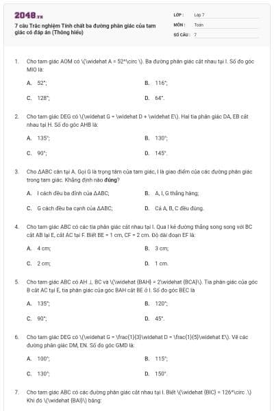 7 câu Trắc nghiệm Tính chất ba đường phân giác của tam giác có đáp án (Thông hiểu)
