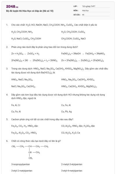 Bộ đề luyện thi Hóa Học có đáp án (Đề số 18)