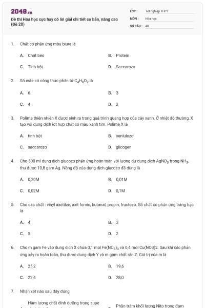 Đề thi Hóa học cực hay có lời giải chi tiết cơ bản, nâng cao (Đề 20)