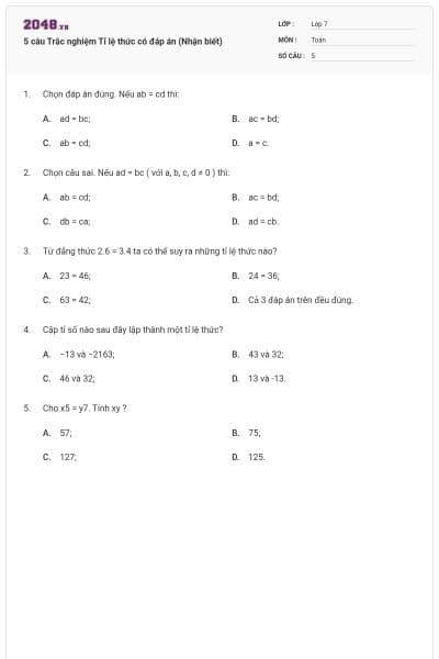 5 câu Trắc nghiệm Tỉ lệ thức có đáp án (Nhận biết)