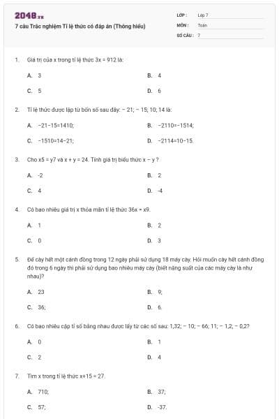 7 câu Trắc nghiệm Tỉ lệ thức có đáp án (Thông hiểu)