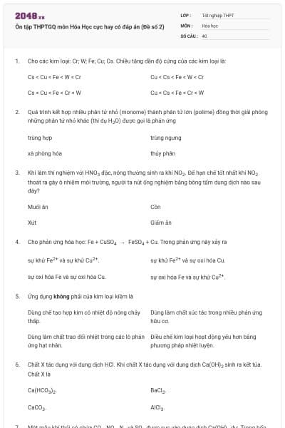 Ôn tập THPTGQ môn Hóa Học cực hay có đáp án (Đề số 2)