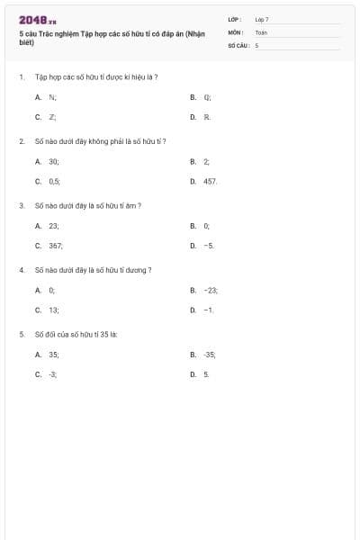 5 câu Trắc nghiệm Tập hợp các số hữu tỉ có đáp án (Nhận biết)