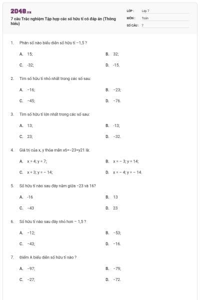 7 câu Trắc nghiệm Tập hợp các số hữu tỉ có đáp án (Thông hiểu)