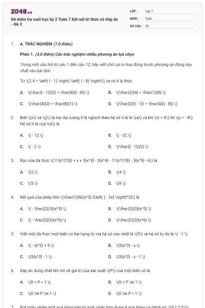 Đề kiểm tra cuối học kỳ 2 Toán 7 Kết nối tri thức có đáp án - Đề 3