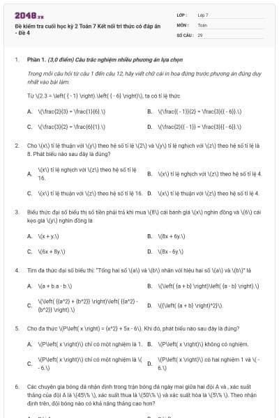 Đề kiểm tra cuối học kỳ 2 Toán 7 Kết nối tri thức có đáp án - Đề 4