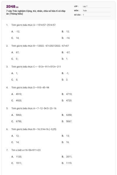 7 câu Trắc nghiệm Cộng, trừ, nhân, chia số hữu tỉ có đáp án (Thông hiểu)