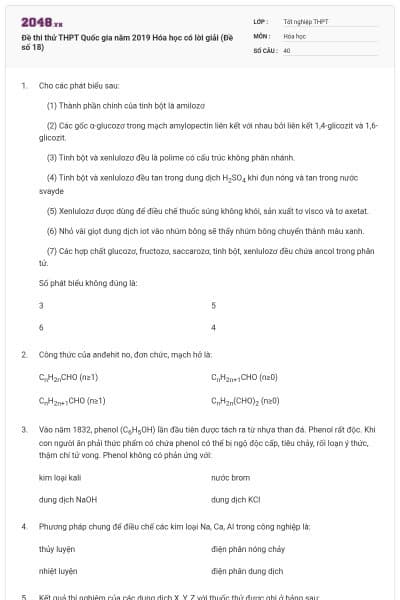 Đề thi thử THPT Quốc gia năm 2019 Hóa học có lời giải (Đề số 18)
