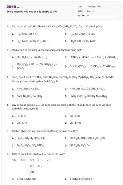 Bộ đề luyện thi Hóa Học có đáp án (Đề số 18)