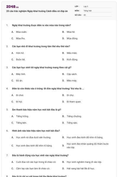 20 câu trắc nghiệm Ngày khai trường Cánh diều có đáp án