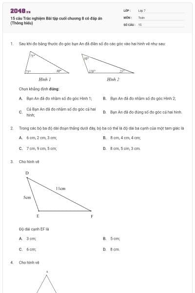 15 câu Trắc nghiệm Bài tập cuối chương 8 có đáp án (Thông hiểu)