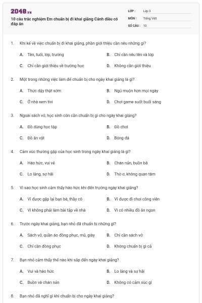 10 câu trắc nghiệm Em chuẩn bị đi khai giảng Cánh diều có đáp án