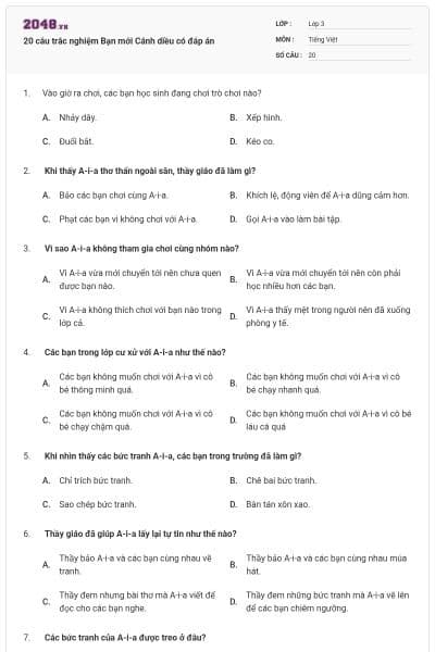 20 câu trắc nghiệm Bạn mới Cánh diều có đáp án