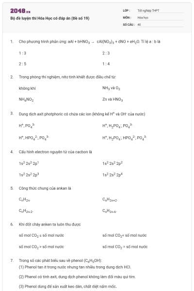 Bộ đề luyện thi Hóa Học có đáp án (Đề số 19)