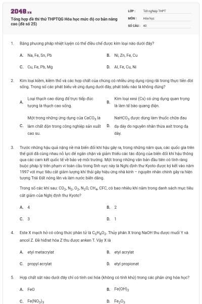 Tổng hợp đề thi thử THPTQG Hóa học mức độ cơ bản nâng cao (đề số 25)