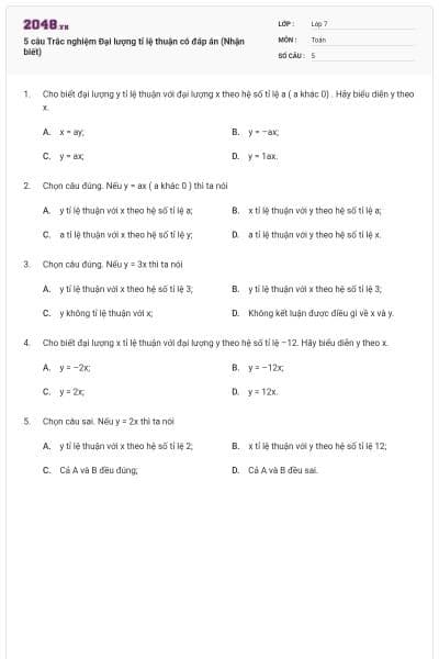 5 câu Trắc nghiệm Đại lượng tỉ lệ thuận có đáp án (Nhận biết)