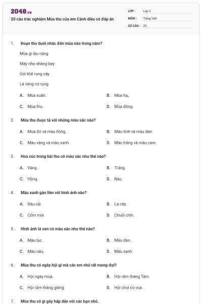 20 câu trắc nghiệm Mùa thu của em Cánh diều có đáp án