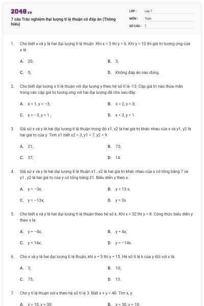 7 câu Trắc nghiệm Đại lượng tỉ lệ thuận có đáp án (Thông hiểu)