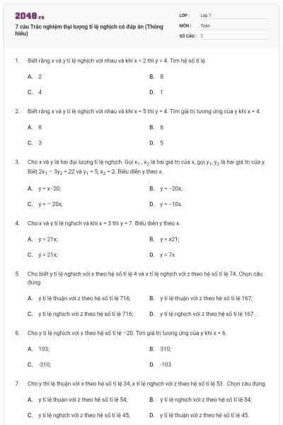 7 câu Trắc nghiệm Đại lượng tỉ lệ nghịch có đáp án (Thông hiểu)