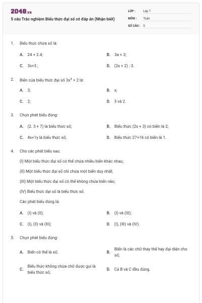 5 câu Trắc nghiệm Biểu thức đại số có đáp án (Nhận biết)