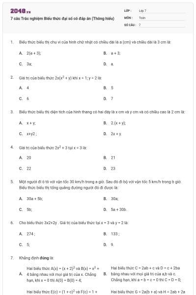 7 câu Trắc nghiệm Biểu thức đại số có đáp án (Thông hiểu)