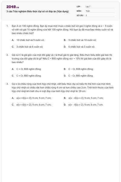 3 câu Trắc nghiệm Biểu thức đại số có đáp án (Vận dụng)