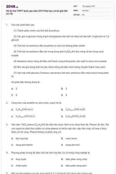 Đề thi thử THPT Quốc gia năm 2019 Hóa học có lời giải (Đề số 18)