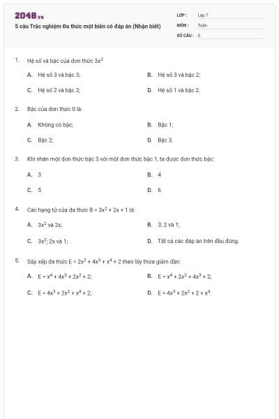 5 câu Trắc nghiệm Đa thức một biến có đáp án (Nhận biết)