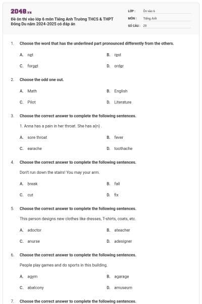 Đề ôn thi vào lớp 6 môn Tiếng Anh Trường THCS & THPT Đông Du  năm 2024-2025 có đáp án