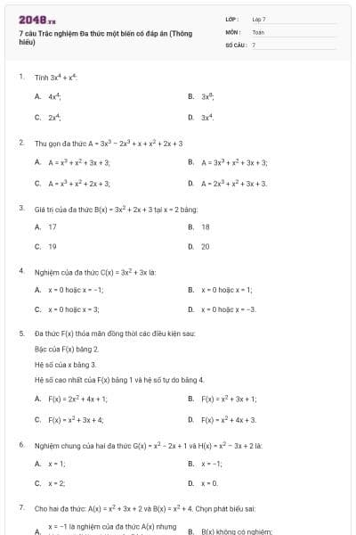 7 câu Trắc nghiệm Đa thức một biến có đáp án (Thông hiểu)