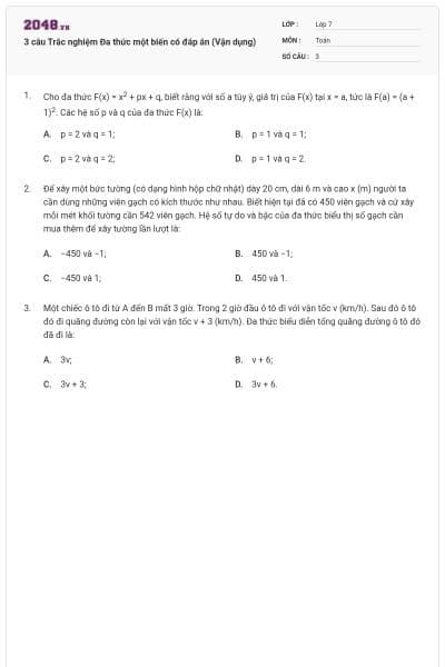 3 câu Trắc nghiệm Đa thức một biến có đáp án (Vận dụng)