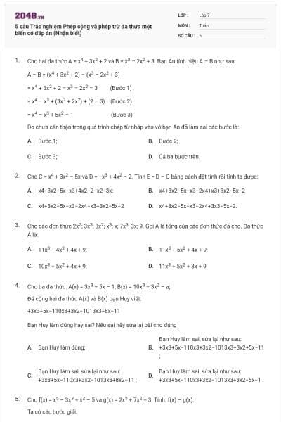 5 câu Trắc nghiệm Phép cộng và phép trừ đa thức một biến có đáp án (Nhận biết)
