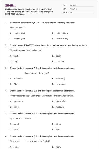 Đề khảo sát đánh giá năng lực học sinh vào lớp 6 môn Tiếng Anh Trường THCS Lê Quý Đôn, Lý Tự Trọng năm 2024-2025 có đáp án