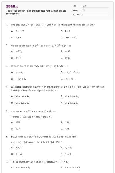 7 câu Trắc nghiệm Phép nhân đa thức một biến có đáp án (Thông hiểu)