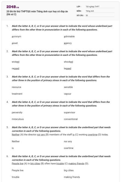 20 Đề thi thử THPTQG môn Tiếng Anh cực hay có đáp án (Đề số 2)