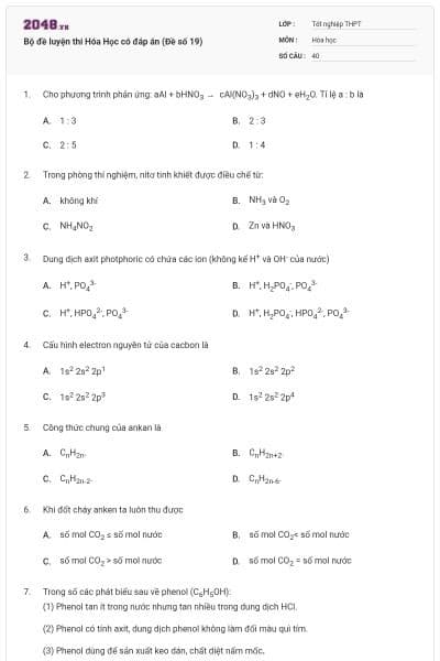 Bộ đề luyện thi Hóa Học có đáp án (Đề số 19)