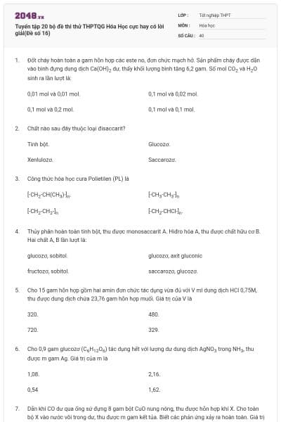 Tuyển tập 20 bộ đề thi thử THPTQG Hóa Học cực hay có lời giải(Đề số 16)