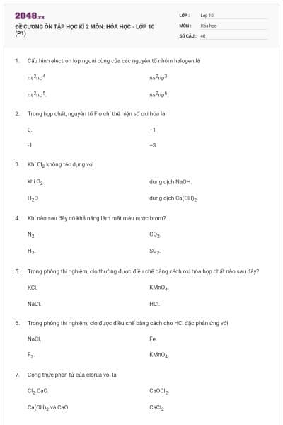 ĐỀ CƯƠNG ÔN TẬP HỌC KÌ 2 MÔN: HÓA HỌC - LỚP 10 (P1)