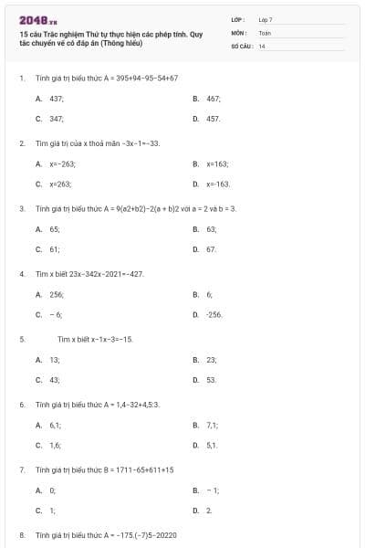 15 câu Trắc nghiệm Thứ tự thực hiện các phép tính. Quy tắc chuyển vế có đáp án (Thông hiểu)