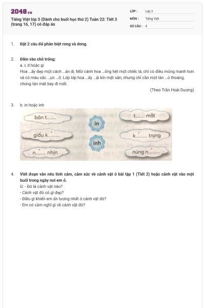 Tiếng Việt lớp 3 (Dành cho buổi học thứ 2) Tuần 22: Tiết 3 (trang 16, 17) có đáp án