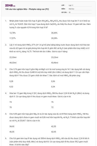 100 câu trắc nghiệm Nito - Photpho nâng cao (P2)