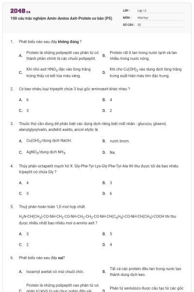 100 câu trắc nghiệm Amin-Amino Axit-Protein cơ bản (P5)