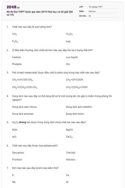 Đề thi thử THPT Quốc gia năm 2019 Hóa học có lời giải (Đề số 19)