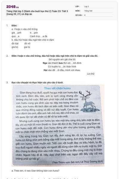Tiếng Việt lớp 3 (Dành cho buổi học thứ 2) Tuần 23: Tiết 3 (trang 20, 21) có đáp án