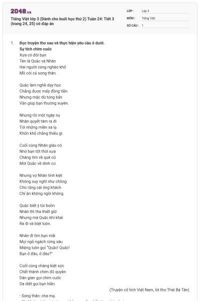 Tiếng Việt lớp 3 (Dành cho buổi học thứ 2) Tuần 24: Tiết 3 (trang 24, 25) có đáp án