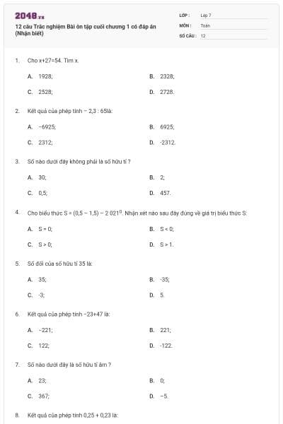12 câu Trắc nghiệm Bài ôn tập cuối chương 1 có đáp án (Nhận biết)