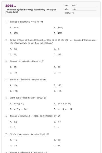 10 câu Trắc nghiệm Bài ôn tập cuối chương 1 có đáp án (Thông dụng)