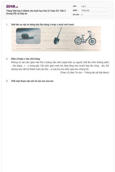 Tiếng Việt lớp 3 (Dành cho buổi học thứ 2) Tuần 25: Tiết 3 (trang 28) có đáp án