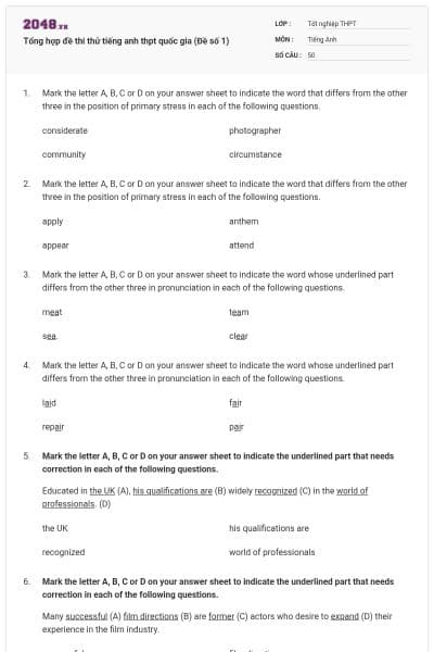Tổng hợp đề thi thử tiếng anh thpt quốc gia (Đề số 1)