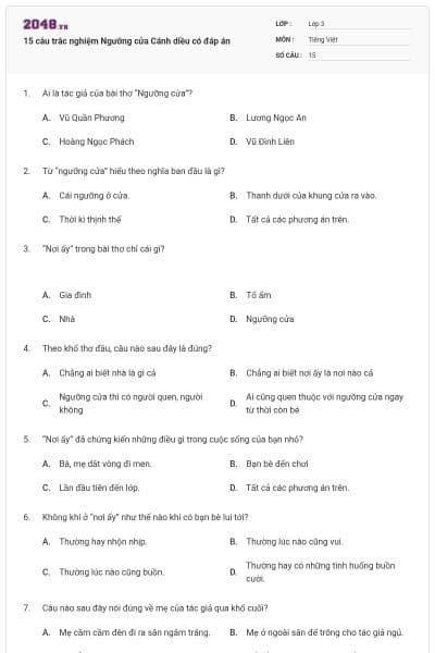 15 câu trắc nghiệm Ngưỡng cửa Cánh diều có đáp án